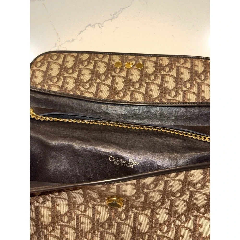 Dior Monogram Trotter Beige Brown Clutch Bag Gold Chain Shoulder Bag